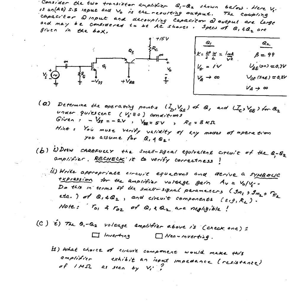 Solved Consider The Two Transistor Amplifier Q-Q2 Shown | Chegg.com