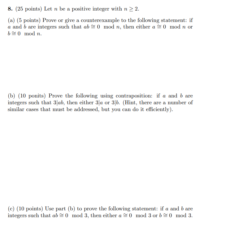 Solved 8. (25 points) Let n be a positive integer with n > | Chegg.com