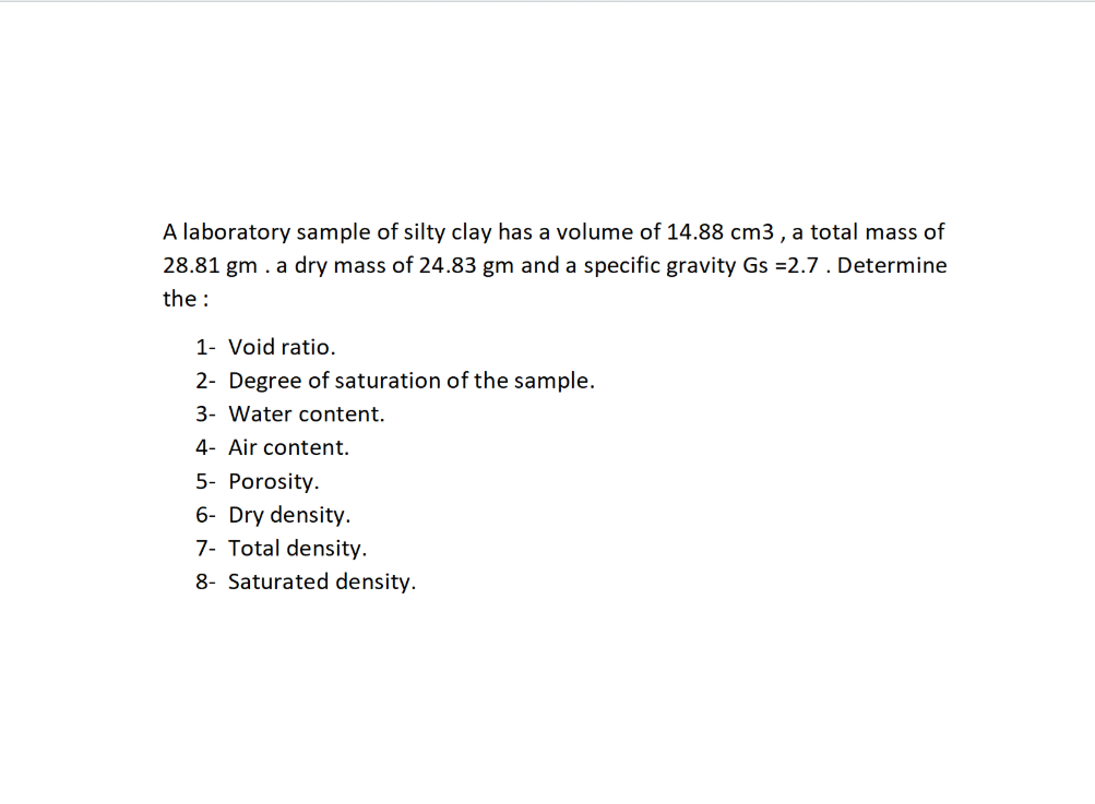 Solved A laboratory sample of silty clay has a volume of | Chegg.com