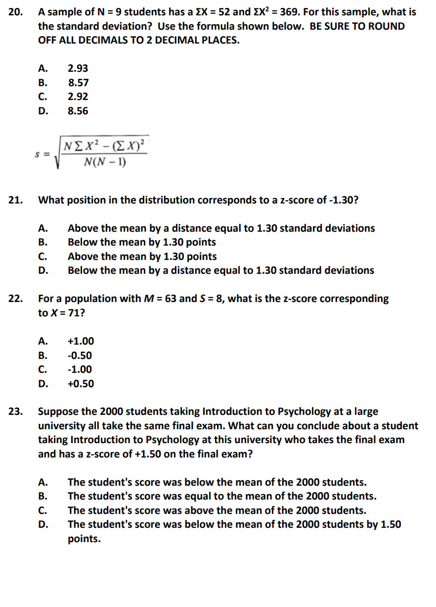 Solved 20. A sample of N=9 students has a ΣX=52 and ΣX2=369. | Chegg.com