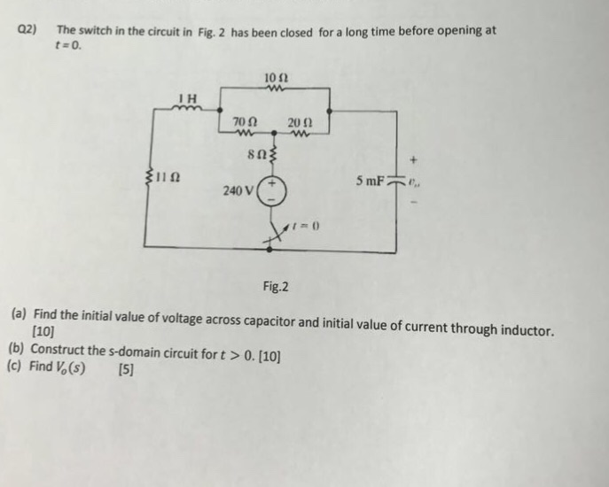 Solved Q2) The switch in the circuit in Fig. 2 has been | Chegg.com