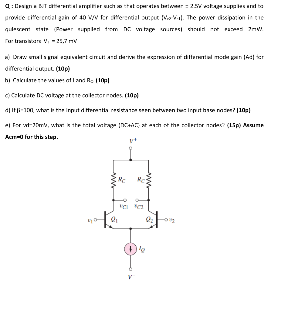 Solved Q : Design a BJT differential amplifier such as that | Chegg.com