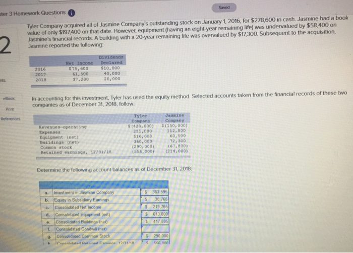 Solved Saved ter 3 Homework Questions Tyler Company acquired