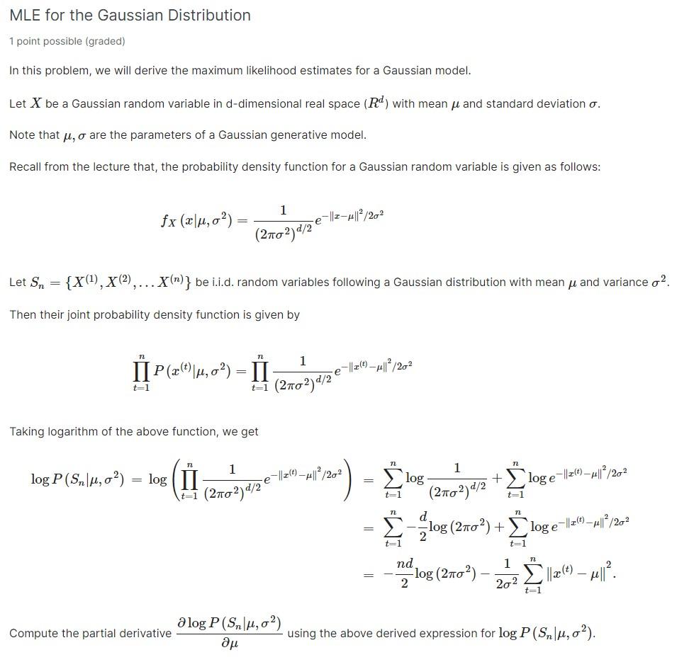 Mle For The Gaussian Distribution 1 Point Possible Chegg Com