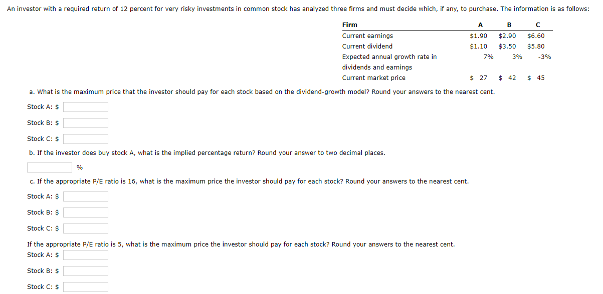 Stock A: \$ Stock B: \$\$ Stock C:\$ B. If The | Chegg.com