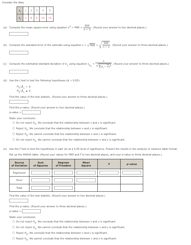 Solved Consider The Data. (a) Compute The Mean Square Error | Chegg.com