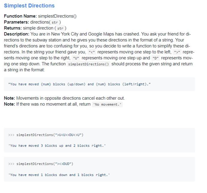 Solved Simplest Directions Function Name: | Chegg.com