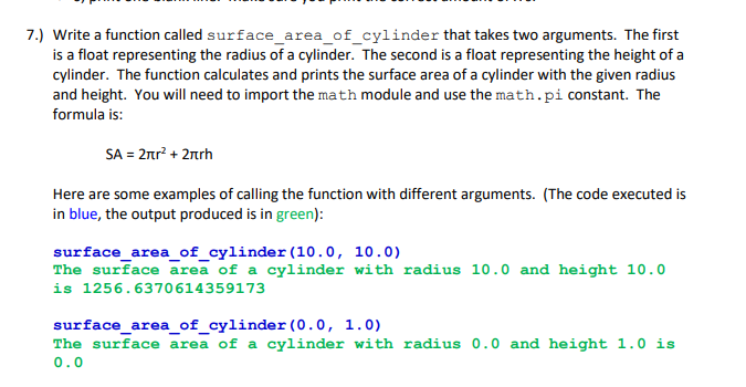 Solved 7.) Write a function called surface_area_of_cylinder | Chegg.com