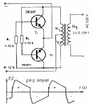 TWO-TRANSISTOR DC-AC CONVERTER SCHEMATIC CIRCUIT |