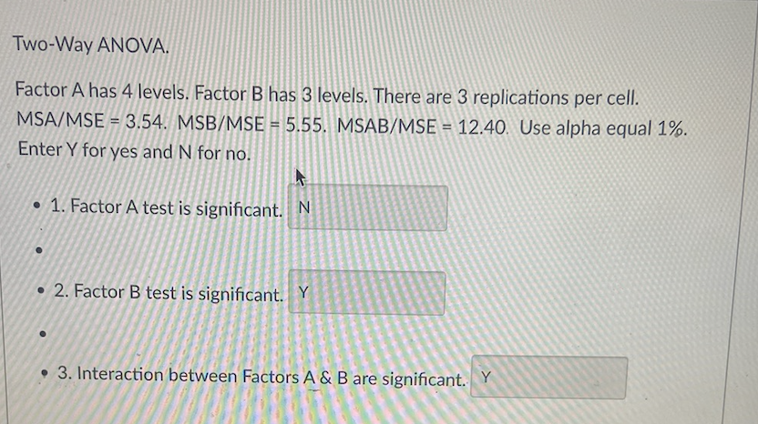 Solved Factor A has 4 levels. Factor B has 3 levels. There | Chegg.com