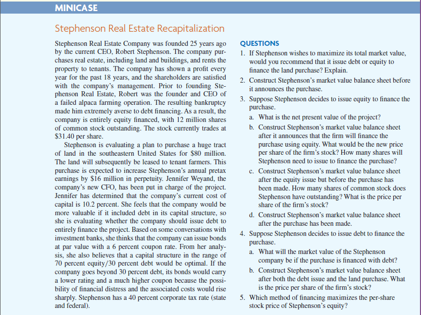 Solved MINICASE Stephenson Real Estate Recapitalization
