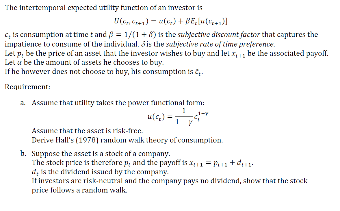 The intertemporal expected utility function of an | Chegg.com