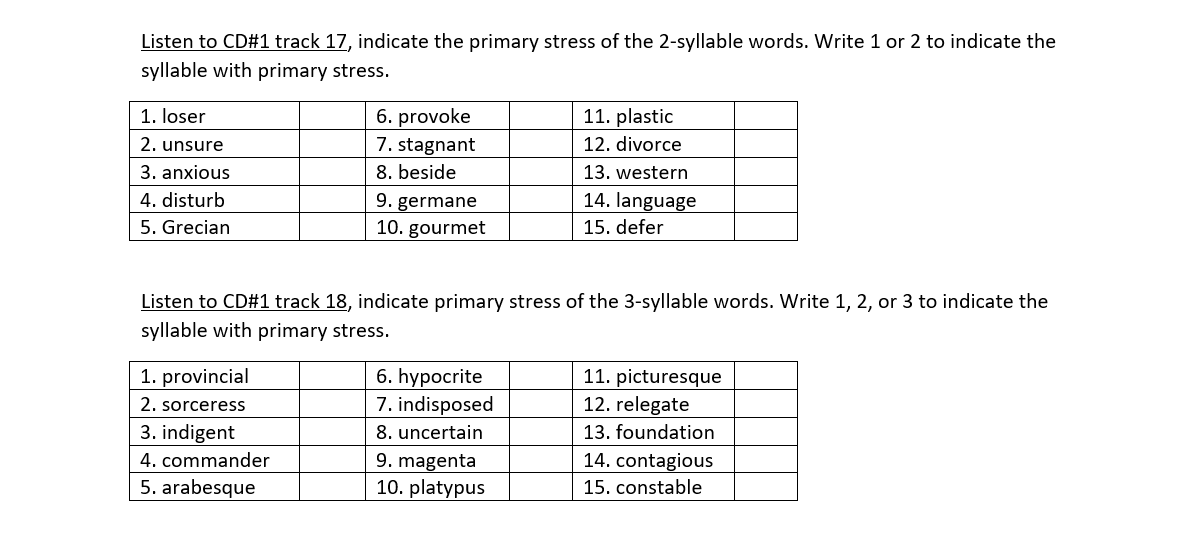 Solved Listen to CD#1 track 17, indicate the primary stress | Chegg.com