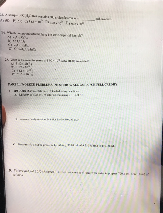 Solved 23 A Sample Of C H O That Contains 0 Molecules Chegg Com