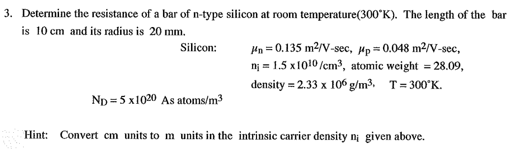 Solved 3. Determine the resistance of a bar of n-type | Chegg.com