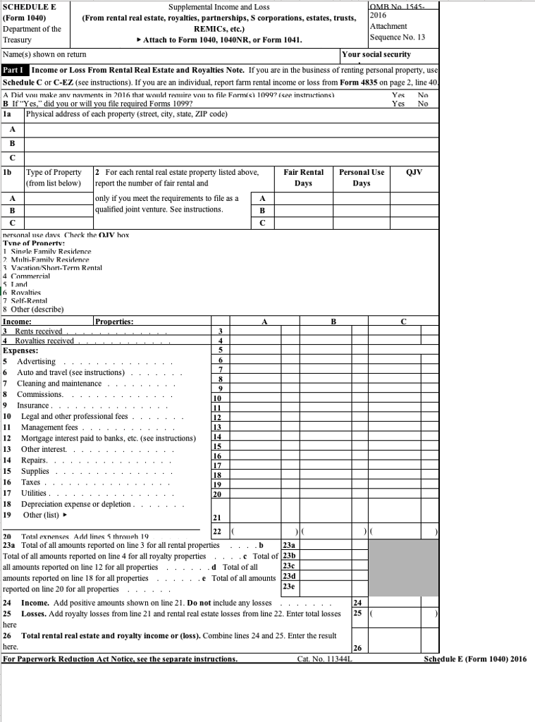 Solved Schedule E Form 1040 Department Of The Treasury