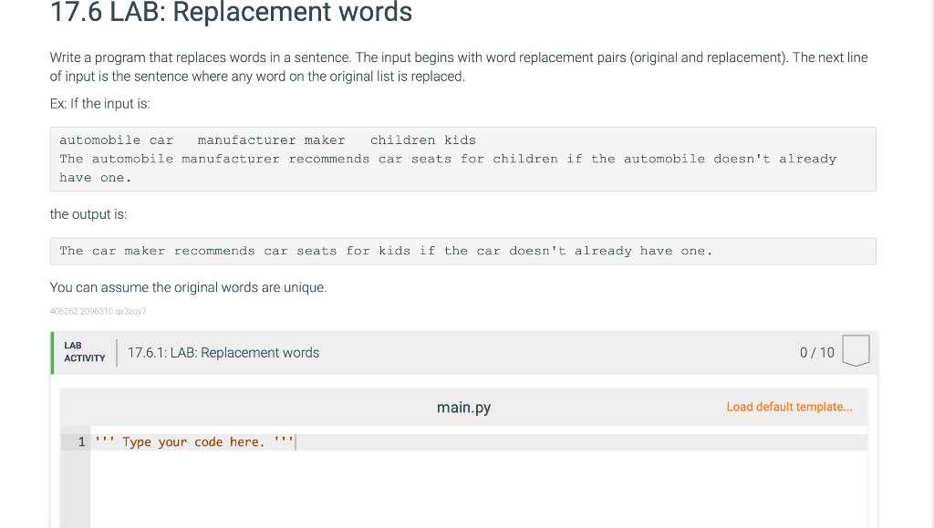 Solved 17.6 LAB: Replacement words Write a program that | Chegg.com