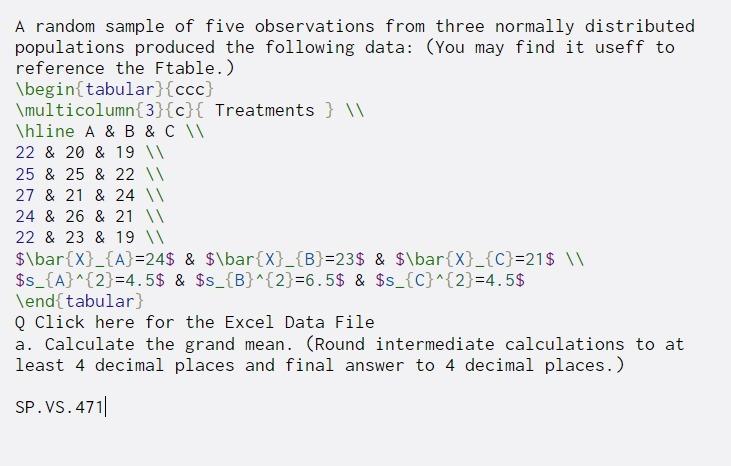 Solved A random sample of five observations from three | Chegg.com