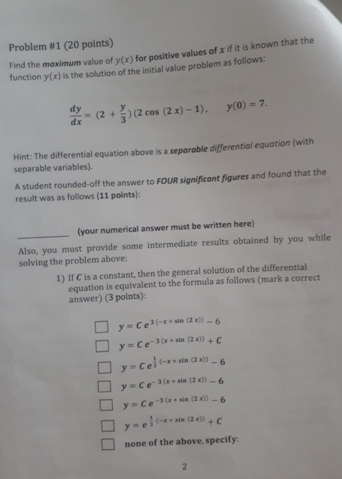 Solved Problem # 1 ( 20 points ) Find the maximum value of y | Chegg.com
