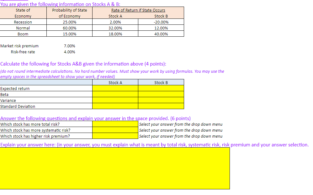 Solved Calculate The Following For Stocks A\&B Given The | Chegg.com ...