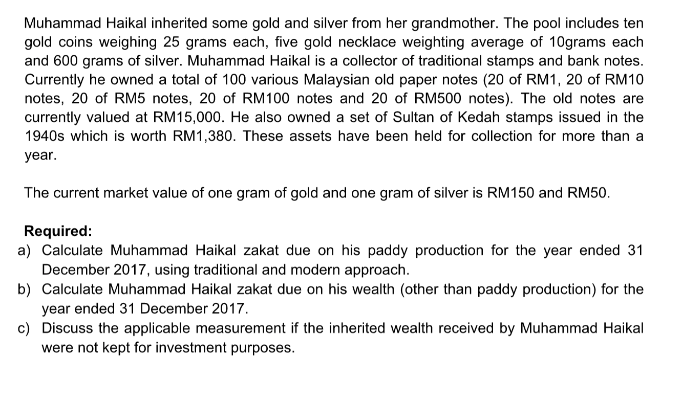 TUTORIAL ZAKAT ON TRADITIONAL WEALTH COMBINATION OF Chegg com