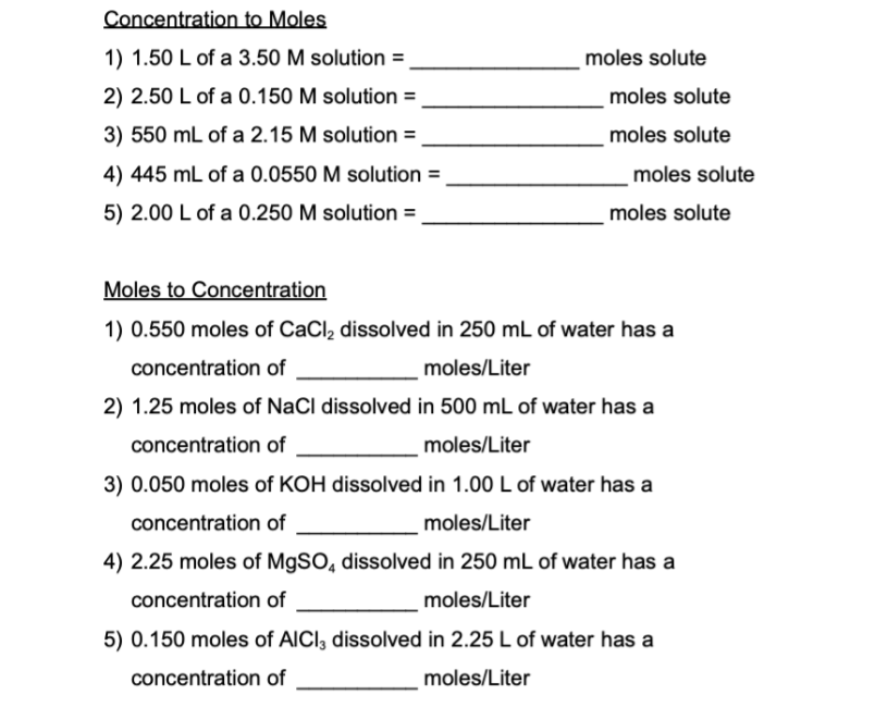 Solved Concentration to Moles 1) 1.50 L of a 3.50M solution | Chegg.com