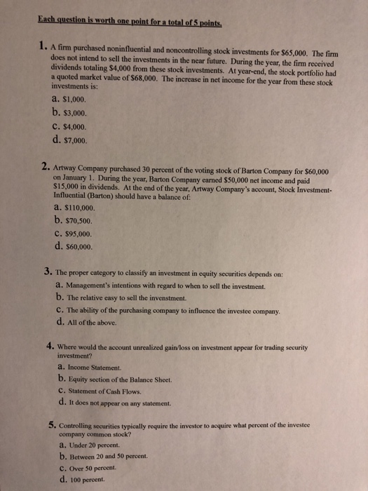 Solved Each question is worth one point for a total of 5 | Chegg.com