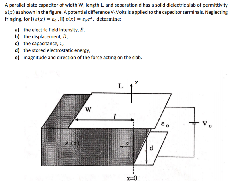 Solved A parallel plate capacitor of width W, length L, and | Chegg.com