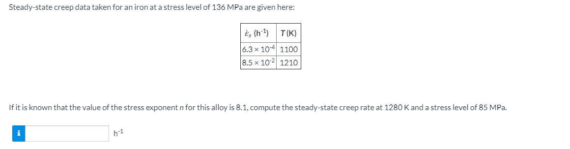 Solved Steady State Creep Data Taken For An Iron At A Str Chegg Com