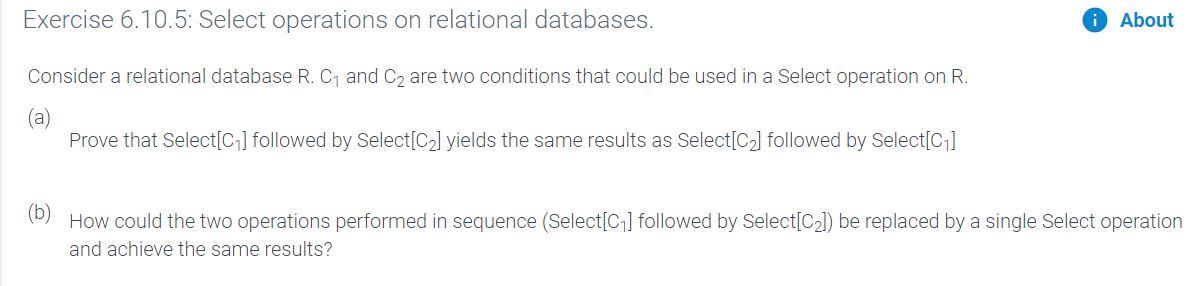 Solved Exercise 6.10.5: Select operations on relational | Chegg.com