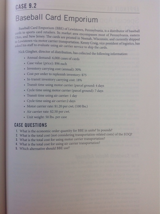 Solved CASE 9.2 Baseball Card Emporium Baseball Card