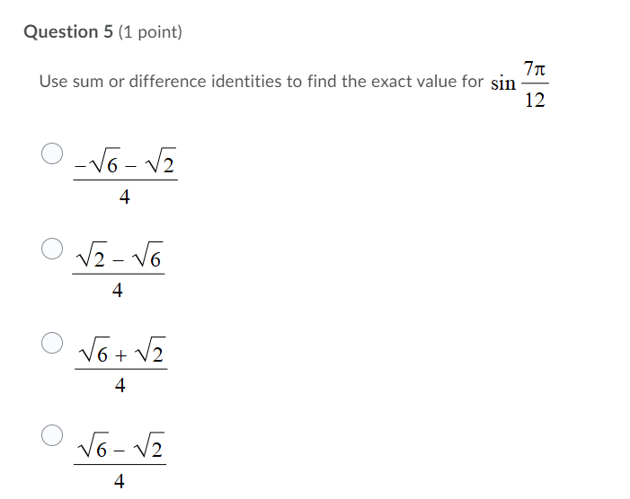 Solved Question 4 (1 point) tan 45° + tan 30° 1 - tan 45º