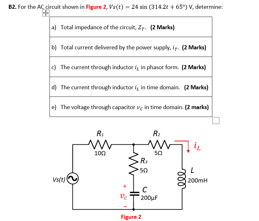 Solved B2. For the AC circuit shown in Figure 2, Vs(t) = 24 | Chegg.com