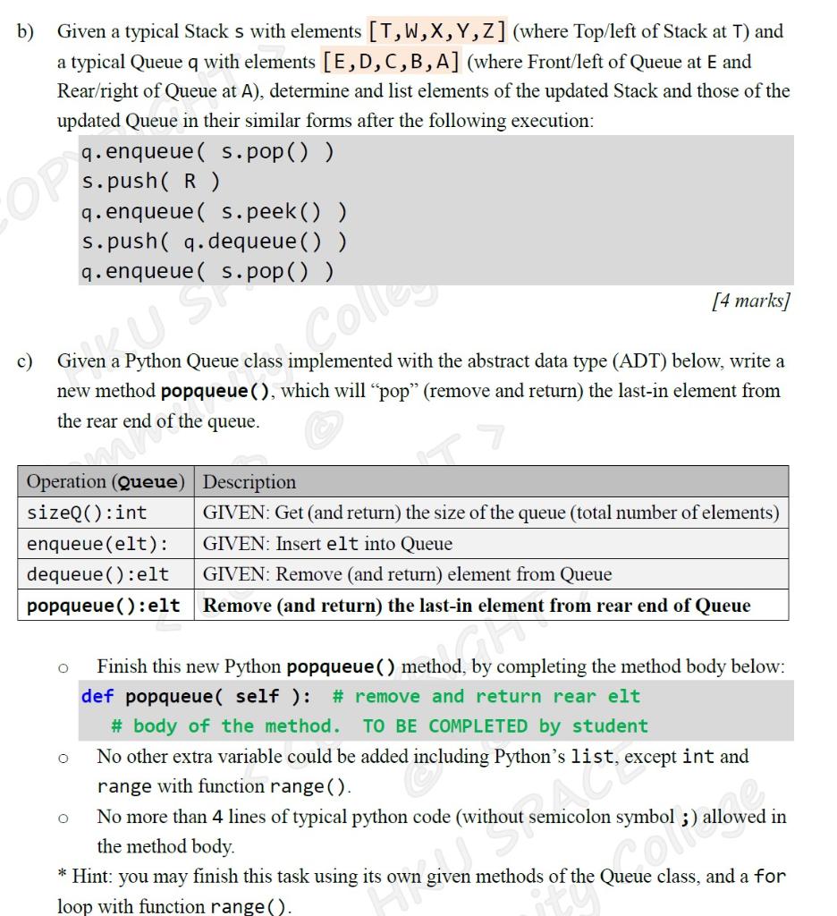 Solved b) Given a typical Stack s with elements [T,W,X,Y,Z] | Chegg.com