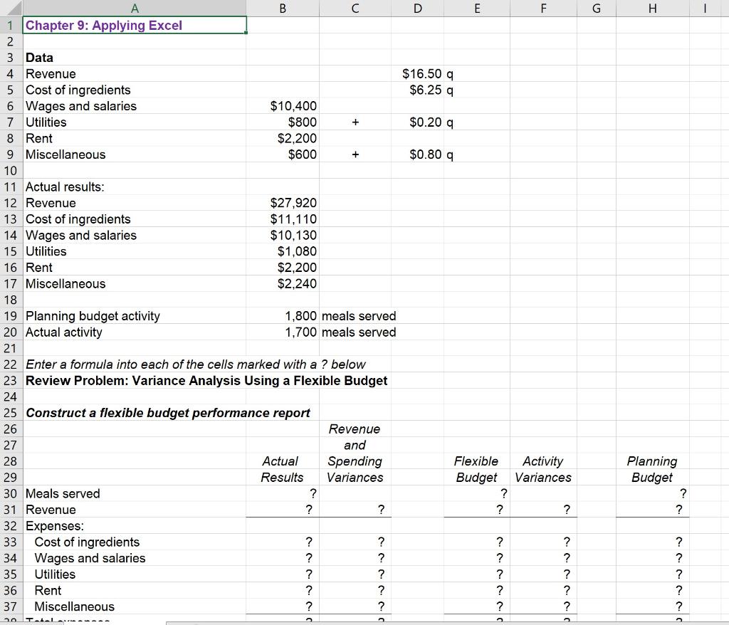 Solved F G Н. 1 + A B с D E 1 Chapter 9: Applying Excel 2 3 | Chegg.com