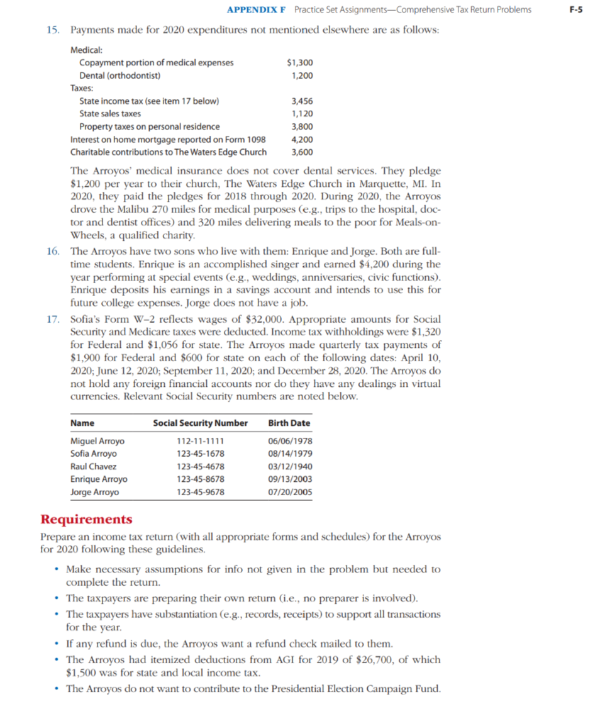 Practice Set Assignments- Comprehensive Tax Return | Chegg.com