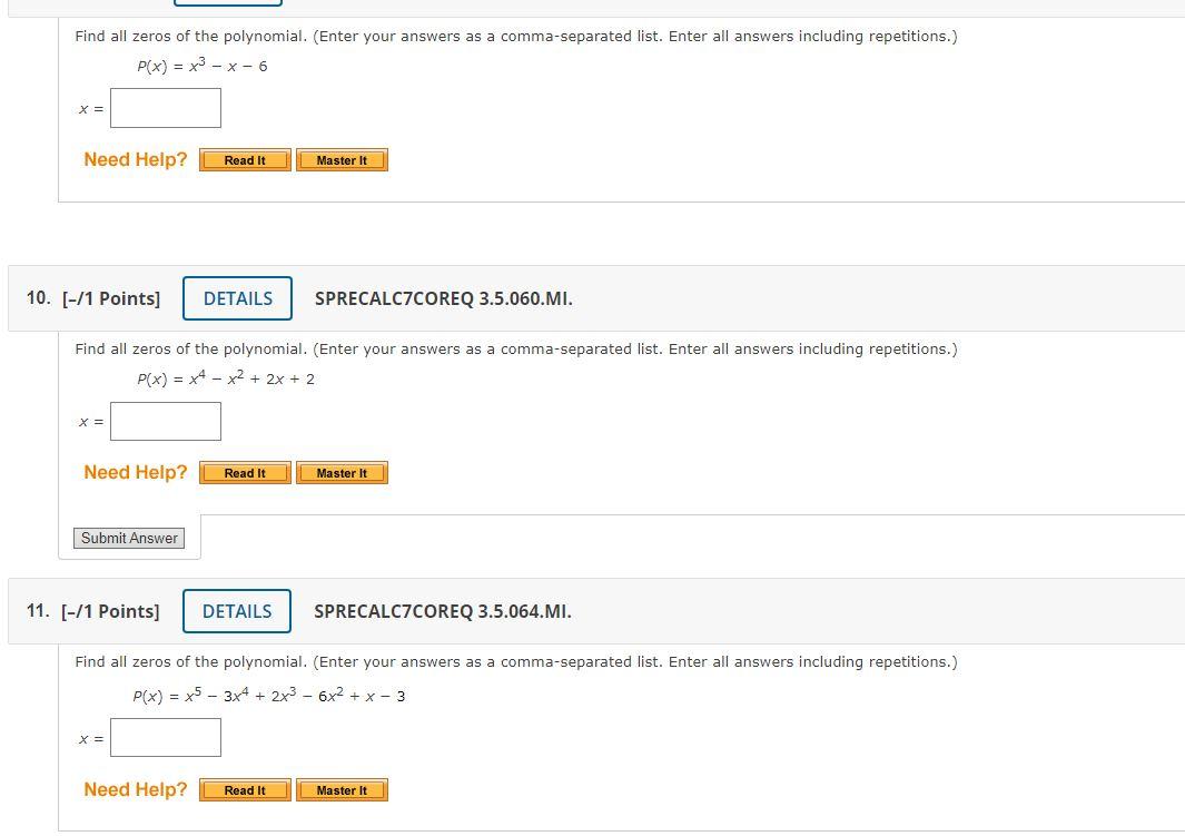 Solved P(x)=x3−x−6 SPRECALC7COREQ 3.5.060.MI. I zeros of the | Chegg.com