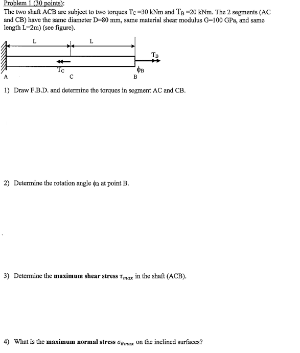 Solved Problem 1 ( 30 points): The two shaft ACB are subject | Chegg.com