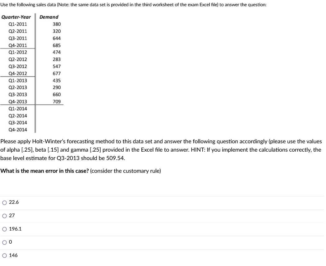 Solved Use the following sales data (Note the same data set