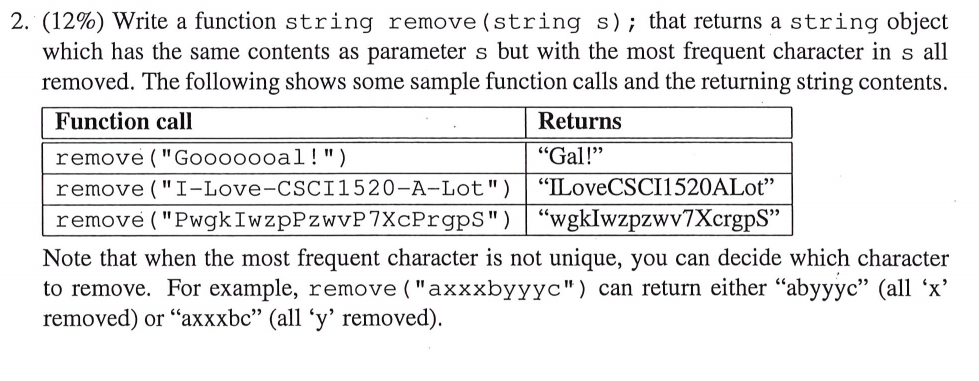 Solved 2. (12%) Write a function string remove (string s); | Chegg.com