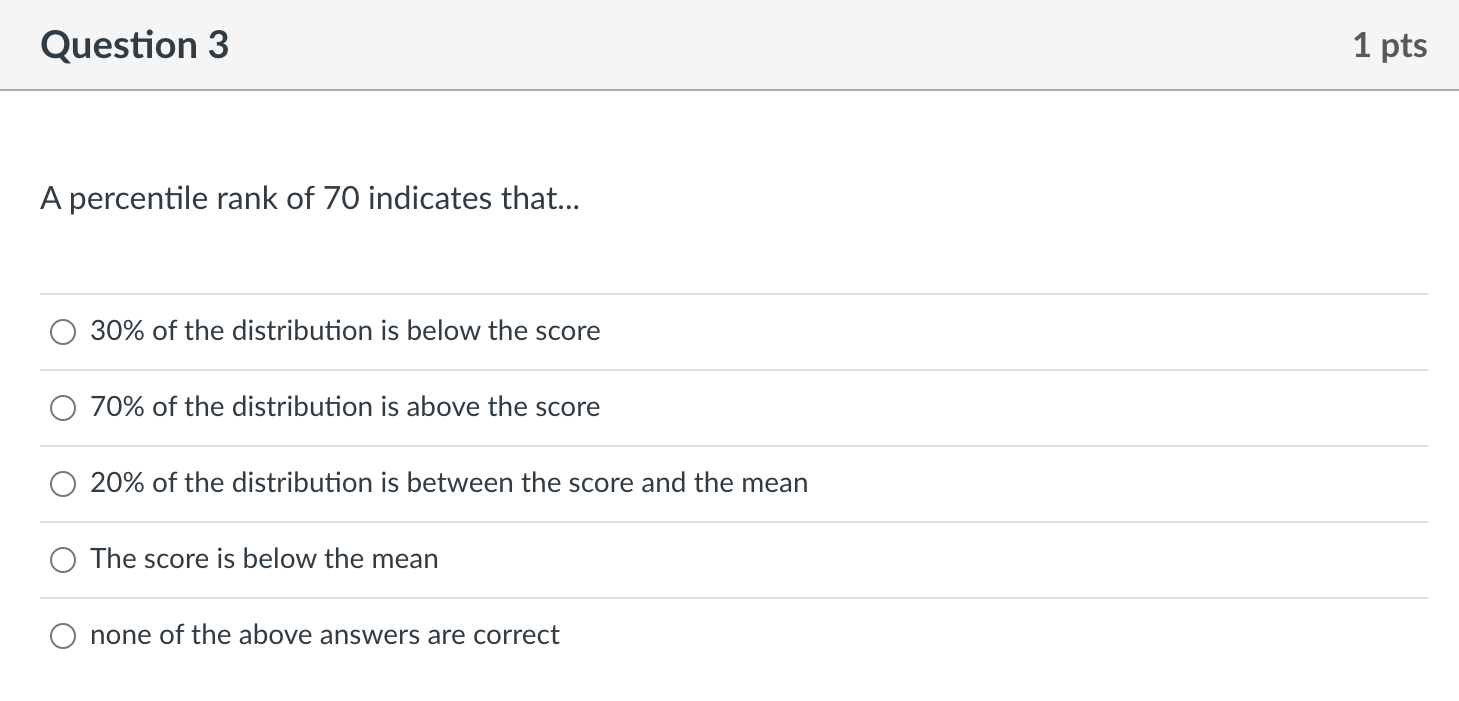 A percentile rank of 70 indicates that...
\( 30 \% \) of the distribution is below the score
\( 70 \% \) of the distribution 