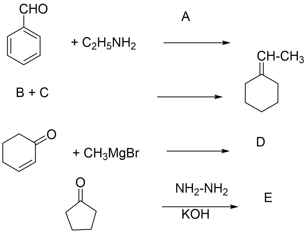 Solved CHO А + C2H5NH2 CH-CH3 B + C D + CH3MgBr NH-NH2 E KOH | Chegg.com