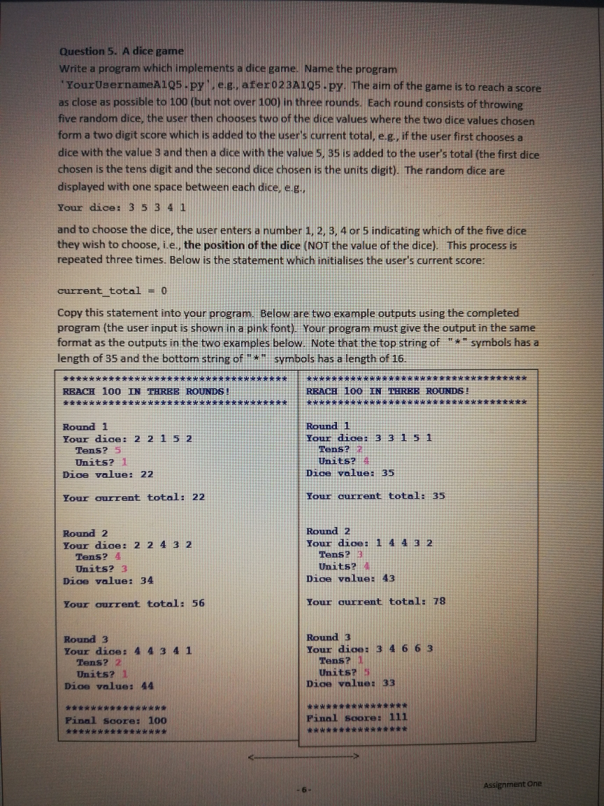 Solved Question 5. A dice game Write a program which | Chegg.com