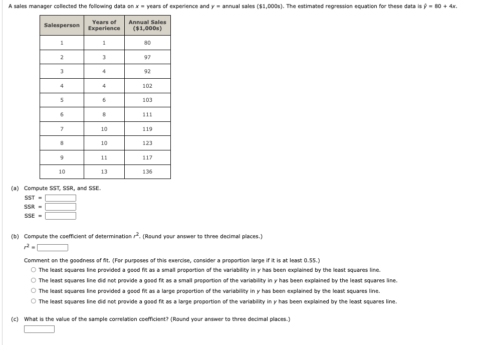 Solved A sales manager collected the following data on x= | Chegg.com