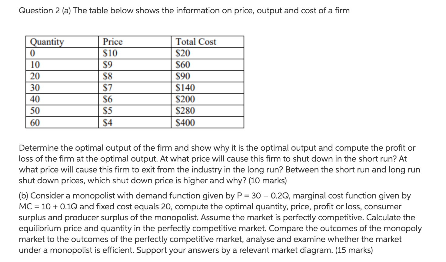 Solved Question 2 (a) The Table Below Shows The Information | Chegg.com