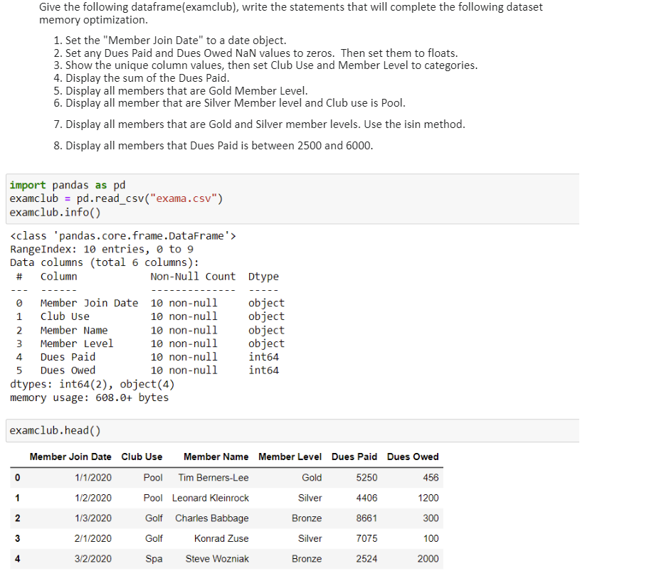 Solved Give The Following Dataframe Examclub Write The Chegg Com