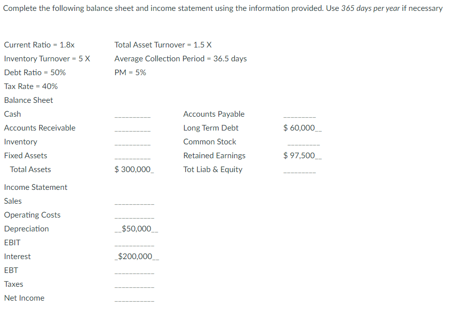 Solved Complete The Following Balance Sheet And Income | Chegg.com