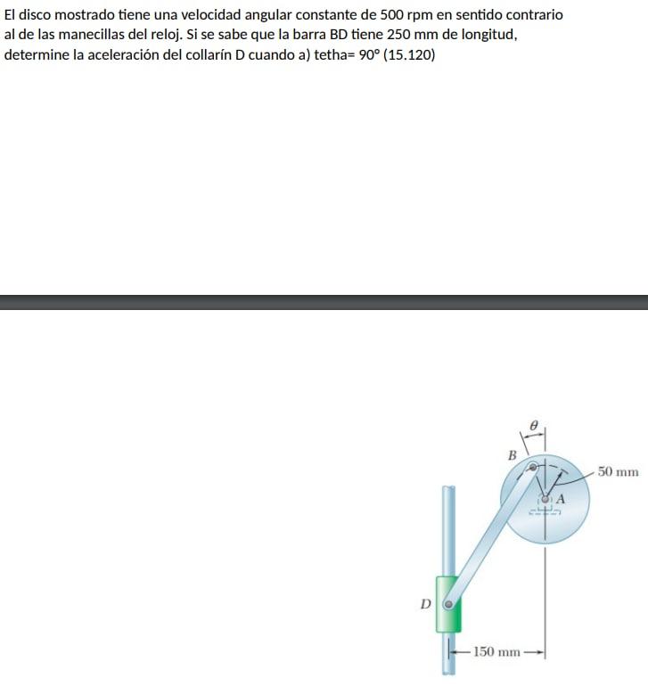 El disco mostrado tiene una velocidad angular constante de 500 rpm en sentido contrario al de las manecillas del reloj. Si se