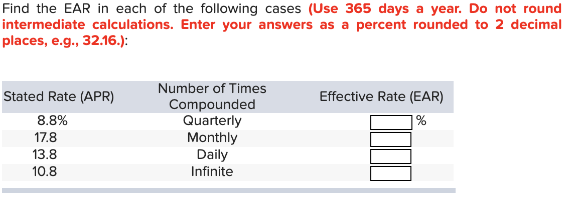 Solved Find the EAR in each of the following cases (Use 365 | Chegg.com