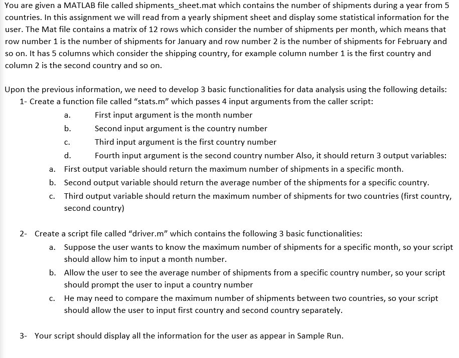 You Are Given A Matlab File Called Shipments Sheet Chegg Com